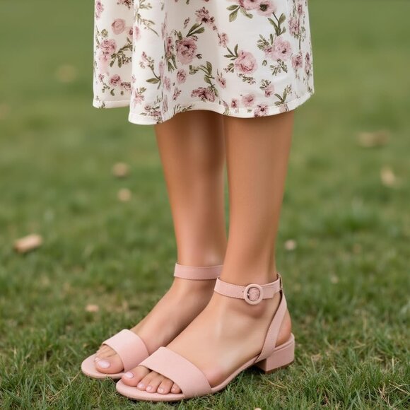 Women's Vegan Suede Low Block Heel Sandals Wide Widths Open Toe Buckle - Picture 7 of 9